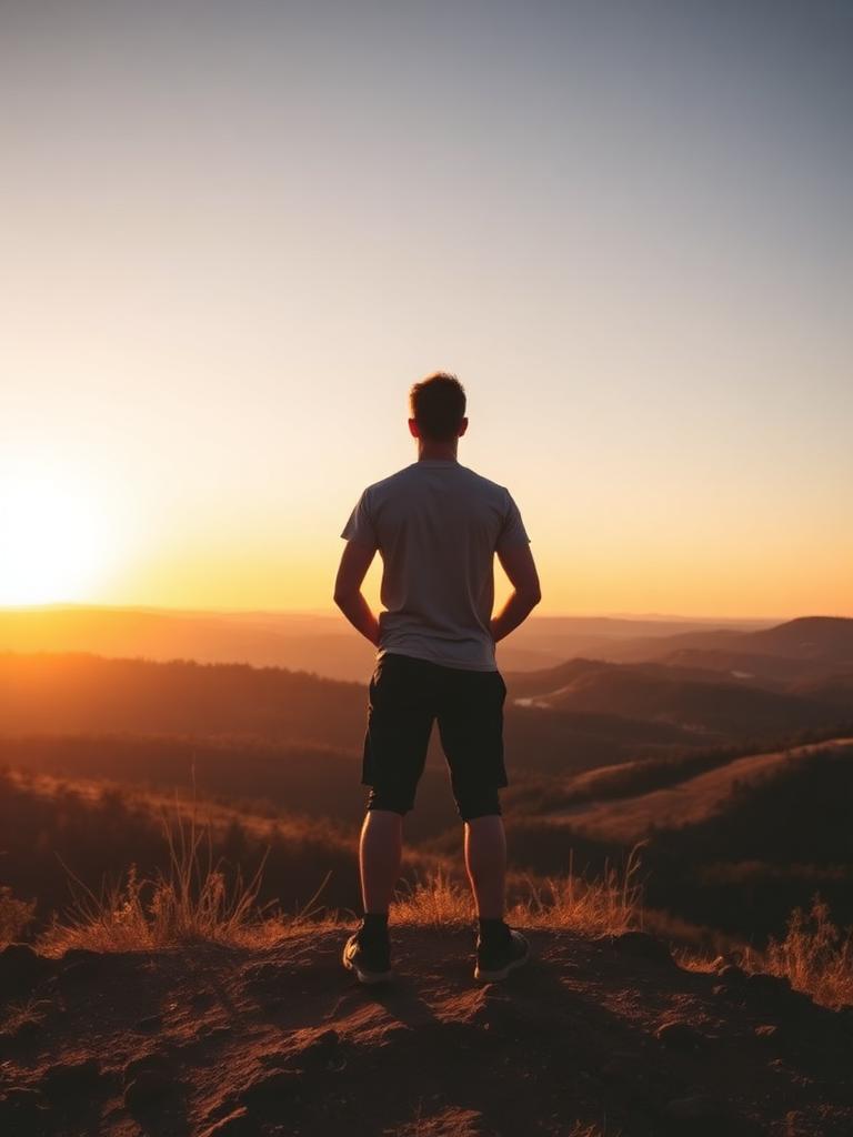 A person standing tall on a hilltop trail at golden hour