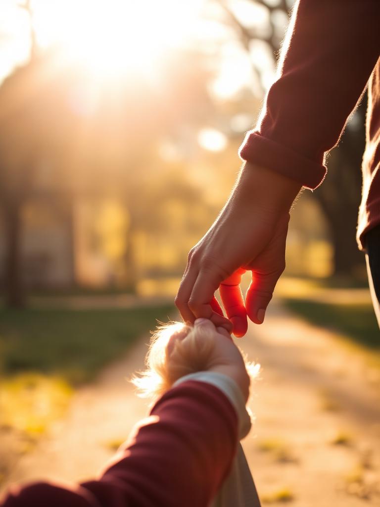 Parent and child holding hands on a sunlit park path