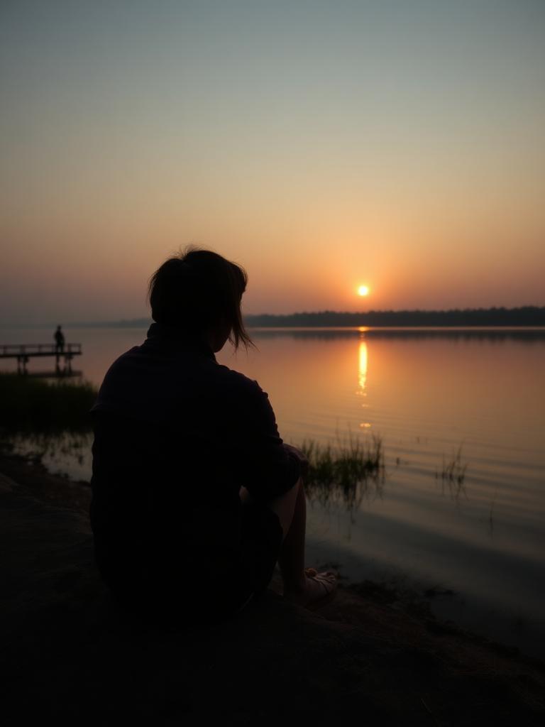 A person sitting peacefully by a calm lake at sunrise