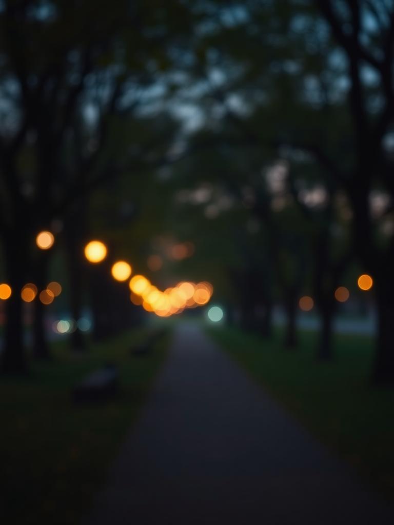 Tree-lined park path with soft bokeh of distant city lights